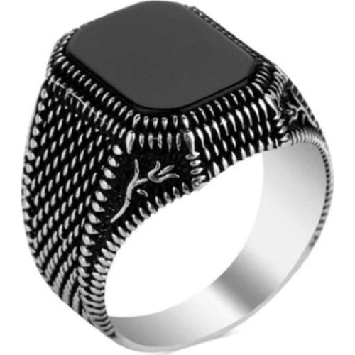 Fashion Turkey Jewelry Natural Black Square Agate Mens Pattern Ring Stainless Steel Ring Inlaid Party Punk Motor Biker Rings