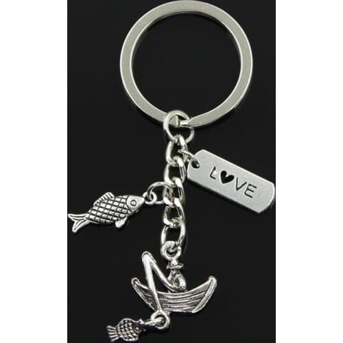 Fashion 30mm Key Chain Keychain Jewelry Silver Color Fisherman Boat Love Fishing Fish Pendant