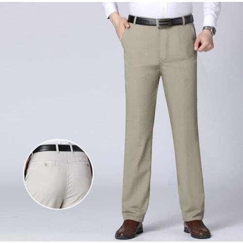 Mens casual pants fitness straight long cotton chino trousers plus size 2019 summer elastic waist grey navy black slacks
