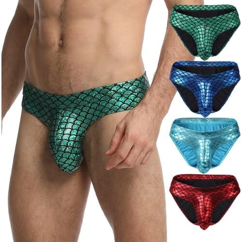 Fish Skin PU Leather Men Briefs Bikini Sexy U Convex gay Underwear Men Underwear calzoncillos hombre slip penis pouch thong
