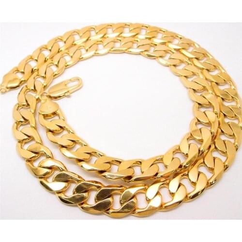 24" 12mm 24 k yellow Solid gold FINISH mens necklace curb chain jewelry (STAMPED)