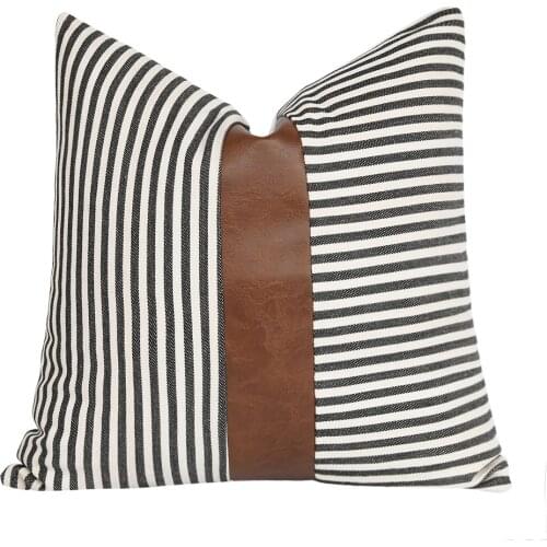 Striped pillow cover with faux leather accent/ stitched select collection/Modren Look Decorative Farmhouse Cushion Cover