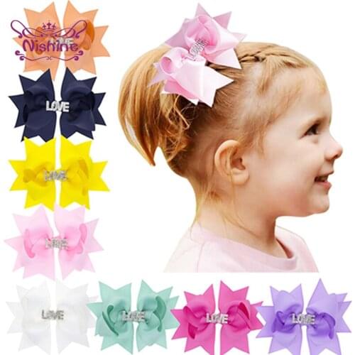 Nishine Shining Rhinestone Letters Bowknot Infant Hair Clips Solid Color Grosgrain Ribbon Bows Baby Hairpins Kids Accessories