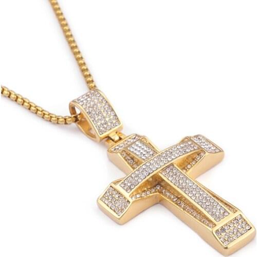 Punk 24 inch 4mm Rolo box chain Stainless steel Full AAA Crystal stone CZ Gold 42mm*57mm Large Cross Pendant Mens Necklace