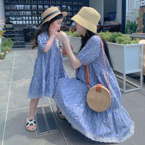 Mother Daughter Matching Clothes Dresses Summer Korean Embroidery Hollow Out Dress for Mom and Daughter Family Matching Outfits