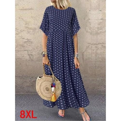 Large size womens dress plus size 4XL 5XL 7XL 8XL summer elegant round neck short sleeve loose large size wave point blue robe
