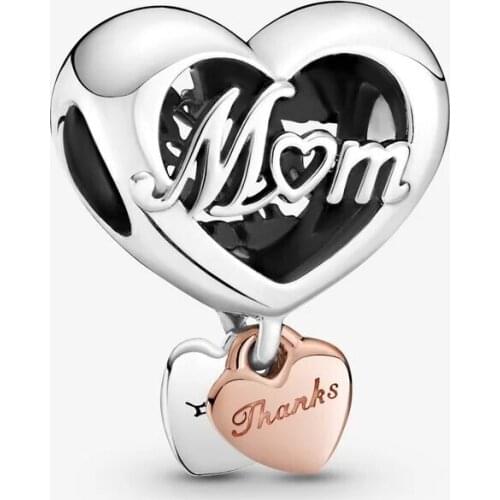 2021 Mothers Day Gift 925 Sterling Silver Jewelry Thank You Mum Heart Charms Fit Beads Bracelet Pendant Necklaces DIY For Women