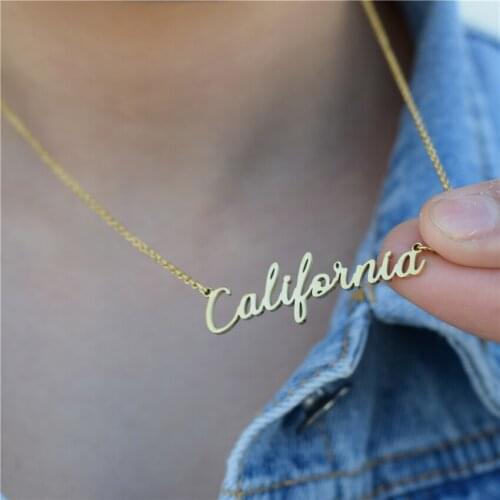 Gold Plated California Necklace Stainless Steel Handwritten Script Florida New York Texas CA State Pendant Choker Chain BFF
