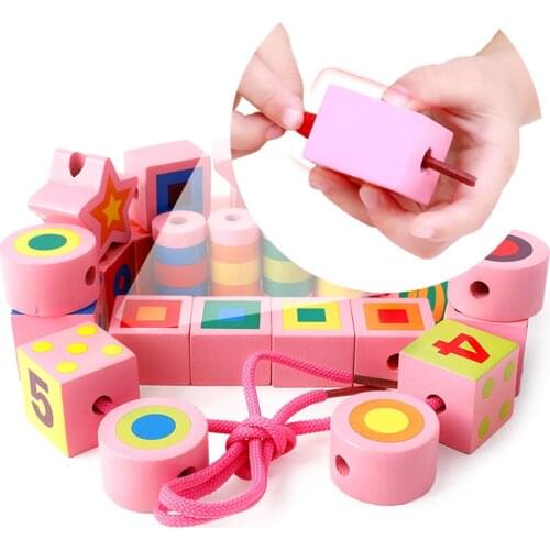 Educational Wooden Lacing Beads Shapes Sorter Toy with 27 Beads and 2 Laces For Baby Early Education Toys for children