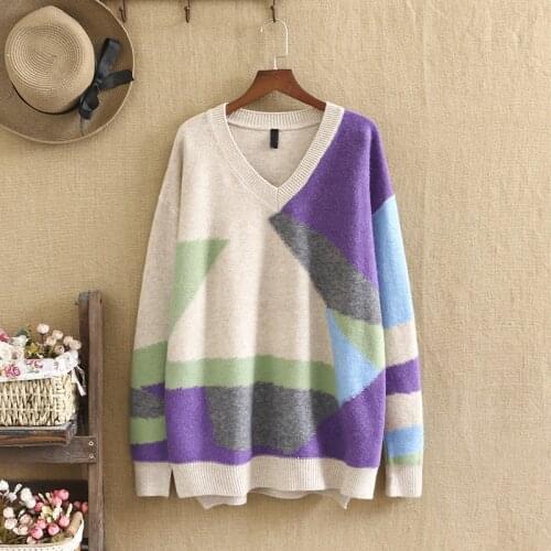 Plus Size Sweater For Women Color Geometric Contrast Stitching Long Sleeve High Quality Adding Fertilizer Sweater Fat Lady Wear