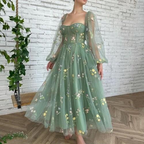 Thinyfull Green Prom Dresses 2021 Summer Puff Sleeve Tulle Tea Length A-Line Party Dress Sexy Appliques Wedding Evening Gowns