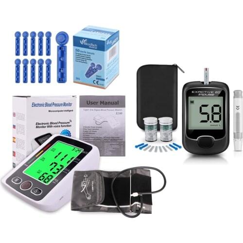 Voice Blood Pressure Monitor with Arm Cuff Tensiometro Tonometer Sphygmomanometer Blood Sugar Monitor Glucometro Strips Lancets