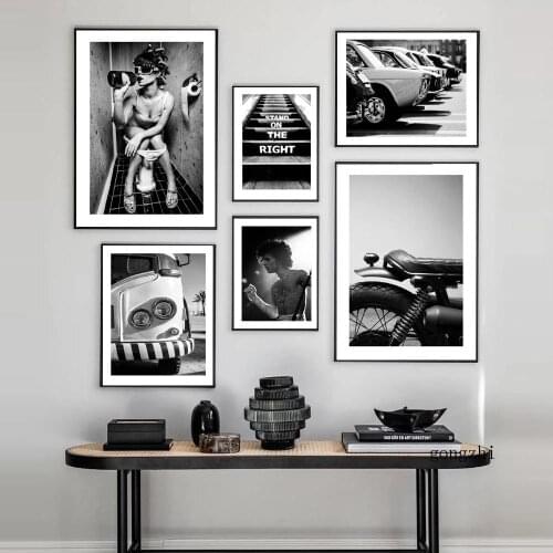 Vintage Black White Poster Toilet Sexy Woman Canvas Prints Modern Bar Girl Smoking and Drinking Painting Car Photography Picture