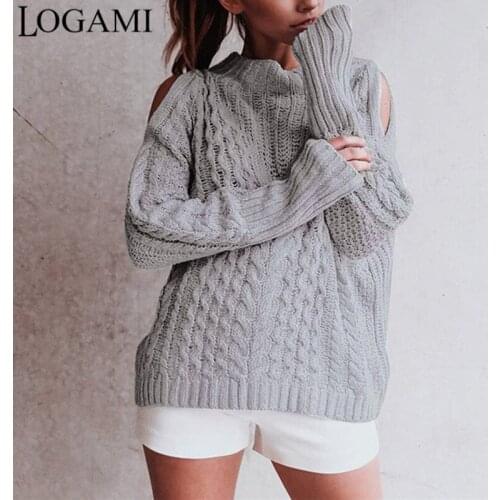 LOGAMI Long Sleeve Hollow Out Shoulder Knitted Sweater Woman Sexy Sweaters Fashion 2018 Women Pullover