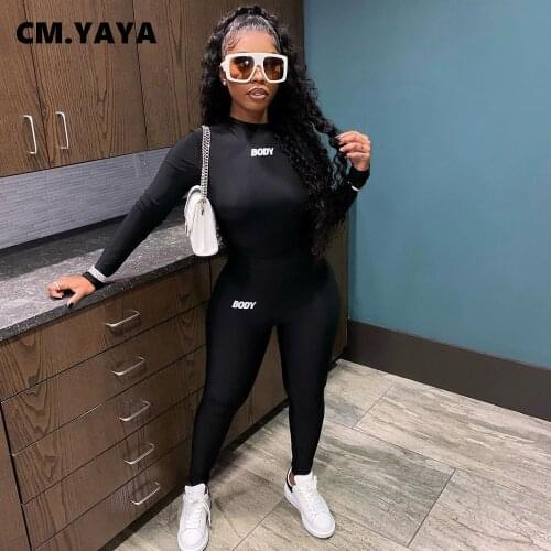 CM.YAYA Women Set Letter Print Full Sleeve O-neck Slim Tops Stretchy Pencil Pants Two 2 Piece Sets Active Tracksuit Outfit Fall