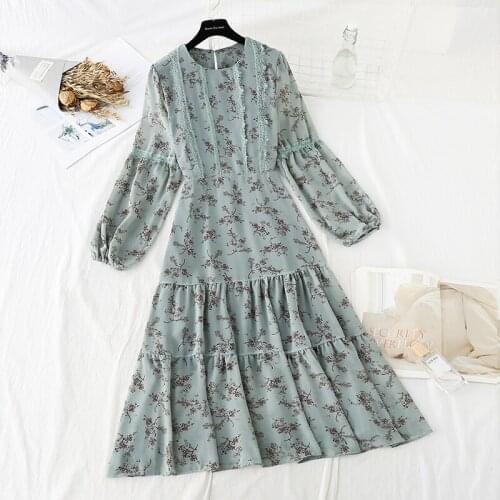 2021 New spring Elegant Ladies Vintage O neck Floral Print Dress Women Fashion High Waist Full Sleeve Loose Chiffon Long Dress