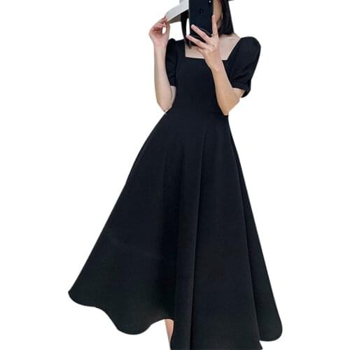 Womens Spring Summer Style Dress Solid Color Square Neck Puff Sleeve Patchwork Korean Elegant Dress AA3212