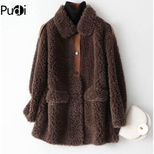 PUDI Womens Winter Real Wool Fur Coat Girl Warm Jacket Coats Lady Long Fur Jackets Over Size Parkas A19100