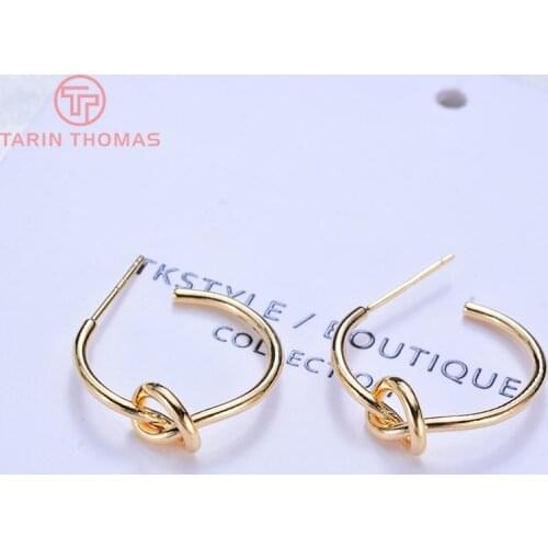 6PCS 20MM 24K Gold Color Plated Brass Round with Knot Stud Earrings High Quality DIY Jewelry Making Findings