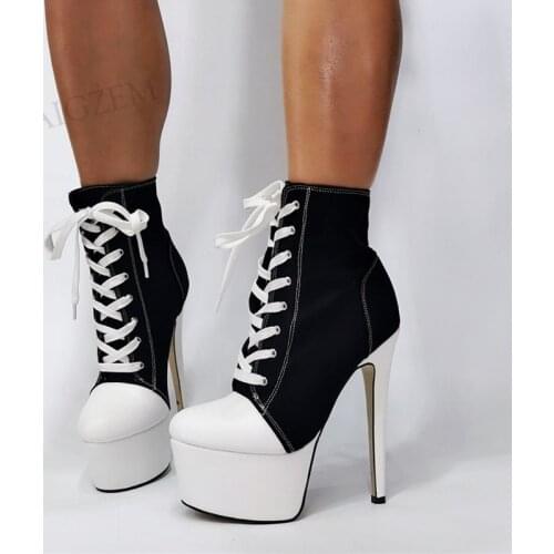BERZIMER FASHION Women Ankle Platform Boots Lace Up Stiletto High Heels Booties Casual Fashion Shoes Woman Large Size 44 47 52