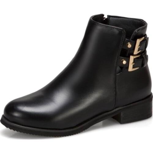 BLXQPYT Leather boots women Thick Heels Ankle Boots For Women Round Toe Winter PLus size 32- 48 Shoes Platform Boots 7104