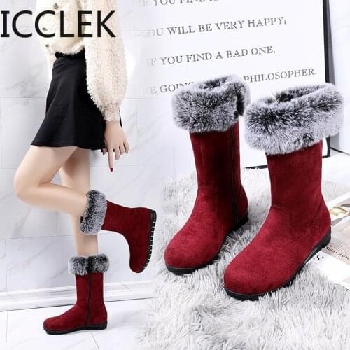 New Winter Women Boots Casual Warm Fur Mid-Calf Boots Shoes Women Slip-On Round Toe Wedges Snow Boots Shoes Muje Plus