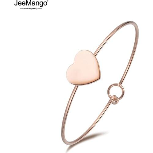 JeeMango Romantic Titanium Steel Heart Shape Cuff Bracelets & Bangles Luxury Engagement Wedding Bangle Jewelry For Women JB18034