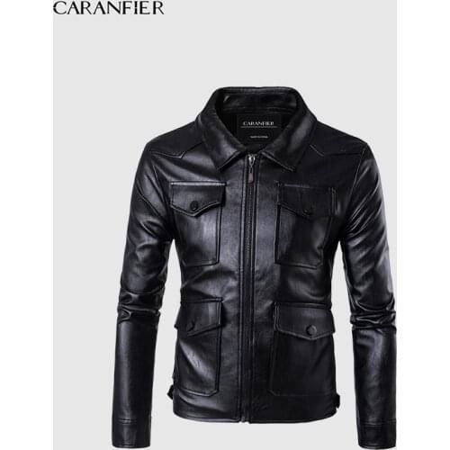 CARANFIER Mens Leather Jackets Vintage Multi-Pockets Motorcycle Biker Coats Classic Overcoat Slim Fit Outerwear Casaco Masculino