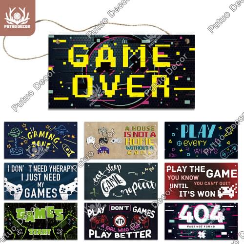 Putuo Decor Game Sign Wooden Plaques Signs Wooden Door Hanging Gamer At Work Sign for Man Cave Game Room Door Hanging Decoration
