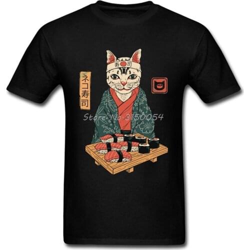 Neko Kimono Sakura Cat Sushi T-shirt Samurai Cat Funny Love Day Tshirt Men O-neck Cotton Design Tee Shirt Harajuku Hip Hop