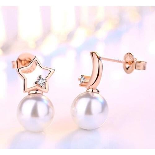 KOFSAC 925 Sterling Silver Earrings For Women Wedding Jewelry Elegant Rose Gold Pearl Moon Star Earring Lady Party Accessories