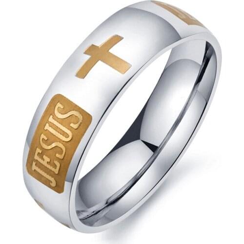 Titanium Steel 8mm Christian JESUS Cross Lovers Rings Men Fashion Stainless Steel Ring Wedding Engagement Jewelry Religion Gift