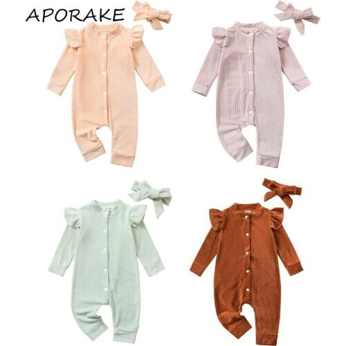 2021 0-24M Baby Girls Casual Jumpsuit Spring Fall New Solid Color Ruffle Long Sleeve Button-down Romper+Headdress 2pcs Outfits
