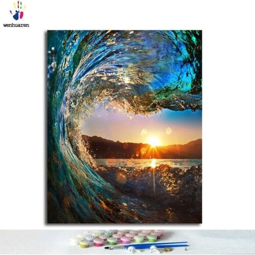Paint by number, paint with paint, sunrise in the waves, digital painting according to the picture, home decoration