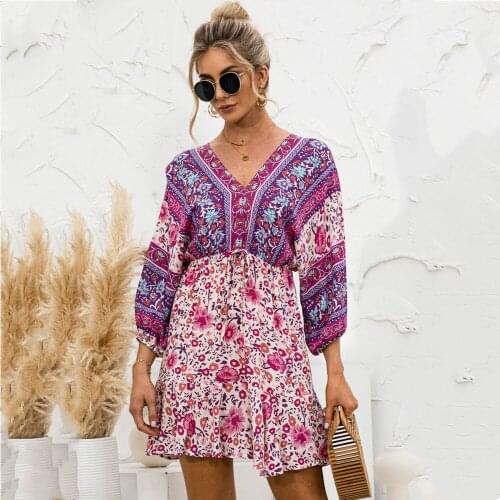 Summer Dress Womens Clothing 2021 Ruffles Stitching A-Line Dresses Boho V-Neck Flower Print Dress For Woman Vestidos Femme Robe