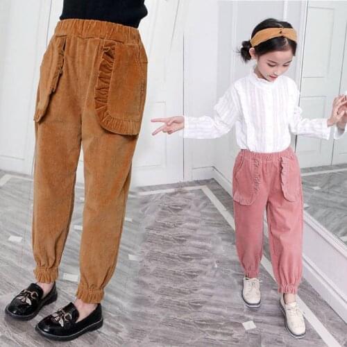 Fashion 2019 Children School Casual Sports Warm Mid Waist Pants Autumn Winter Girl Trousers Plus Velvet Solid Color Long Trouser