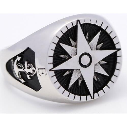 Men`s Compass Marine Anchor Nautical Ship Helm Wheel 925 Sterling Silver Jewelry Ring