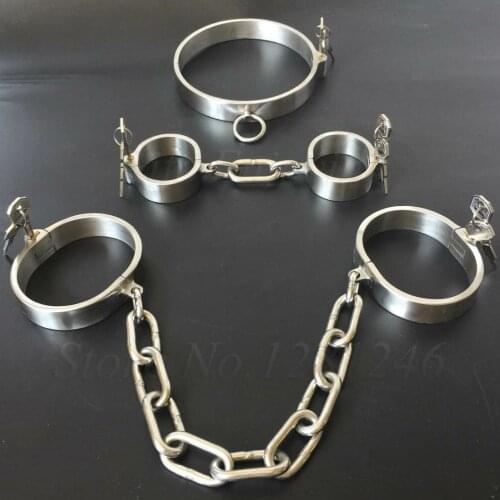 Stainless Steel Handcuffs Ankle Cuff Neck Collar With Chain Sex Bondage bdsm Stealth Lock Restraints Fetish Sex Toys for Couples