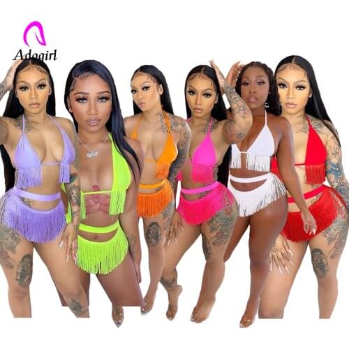 Neon Solid Tassels Women Bikini Set Spaghetti Strap Solid Sexy Lady Swimwear Beach Wear 2021 Summer Holiday Hollow Out Swimsuit