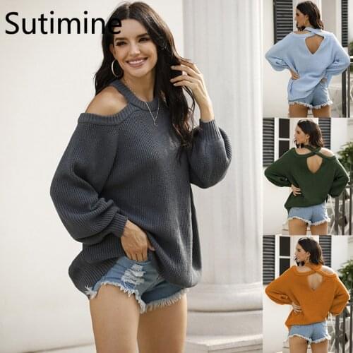 Sutimine Autumn Halter Top Sexy Off Shoulder Sweater Cross Hollow Out Back Lantern Long Sleeve Thic Oversize Kint Top Sweater