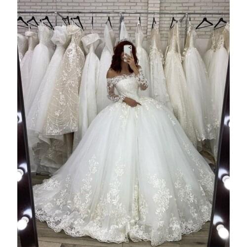 Luxury Boat Neck Lace Beads Ball Gown Wedding Dresses Vestido de Noiva Long Sleeve Lace Up Wedding Bridal Gowns Robe de Mariee