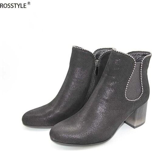 ROSSTYLE Spring Autumn Thick Heel Fleeces Ankle Boots Comfortable Round Toe Boots Ladies Party Nubuck Boots Black Silver B10
