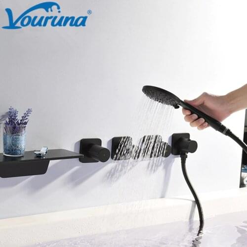 VOURUNA Black Waterfall Bath Shower Mixer Faucet 5 holes Wall Mounted Chrome Solid Brass Bathtub Filler Taps