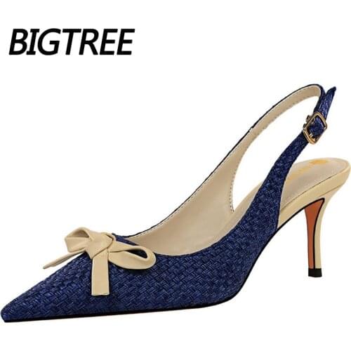 BIGTREE High Heels Fashion Knitting Mules Shoes Bowknot Women Shoes Stiletto Buckle Strap Sandals Ladies Womens Pumps Blue