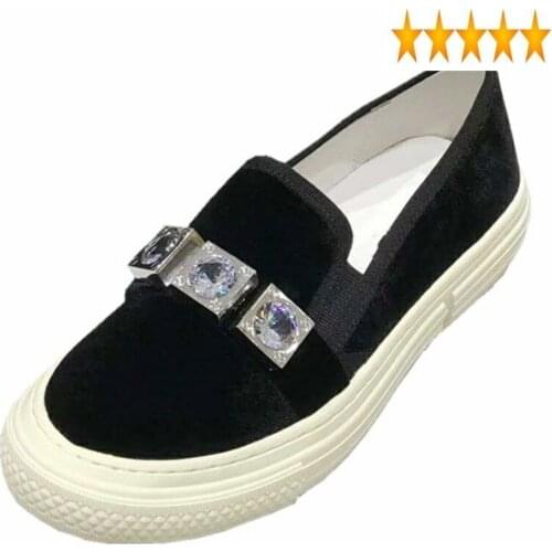 Autumn Crystal Velvet Real Leather Loafers Women Street Slip On Flat Sneakers Fashion Luxury Ladies Casual Shoes