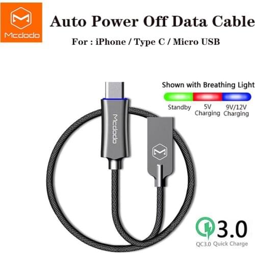 Mcdodo USB cable Auto Disconnect Fast Charging Cable For Iphone / Type-C /Micro usb