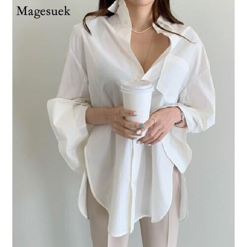 Korean Split White Cotton Women Blouses Casual Flare Long Sleeve Fashion Plus Size Women Clothing Loose Woman Shirts Tops 14491