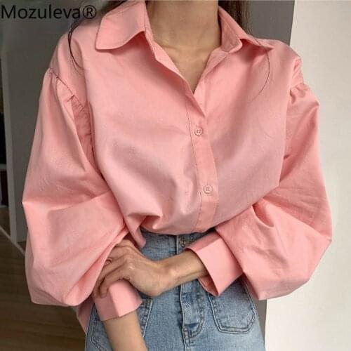 Mozuleva Spring Summer New Fashion Blouse Chic Lantern Sleeve Loose Female Single-breasted Shirts 2021 Elegant Pink Blouses Tops