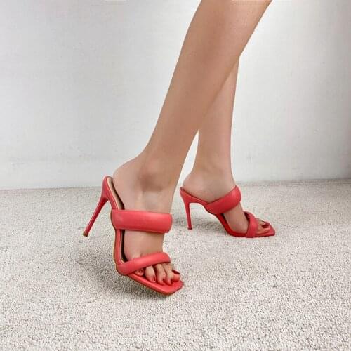 New Design Charm Sexy Women Thin Stilettos Slippers 2021 Summer High Heels Square Toe Sandals Comfortable Casual Ladies Shoes