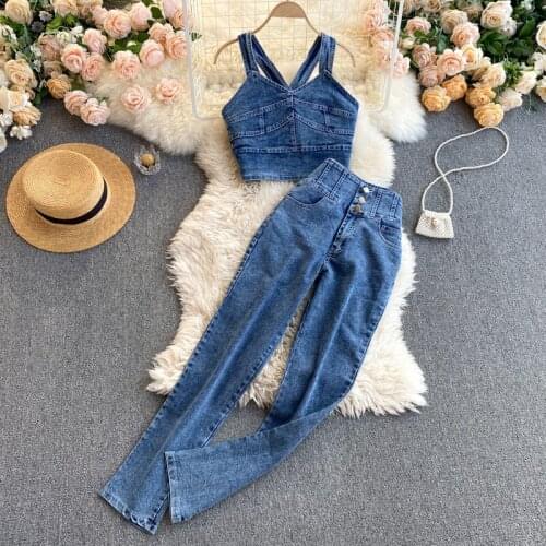Womens Spring Summer Sleeveless Backless Short Top Female Vintage High Waist Casual Jeans Pants 2 Pieces Denim Set TB1912
